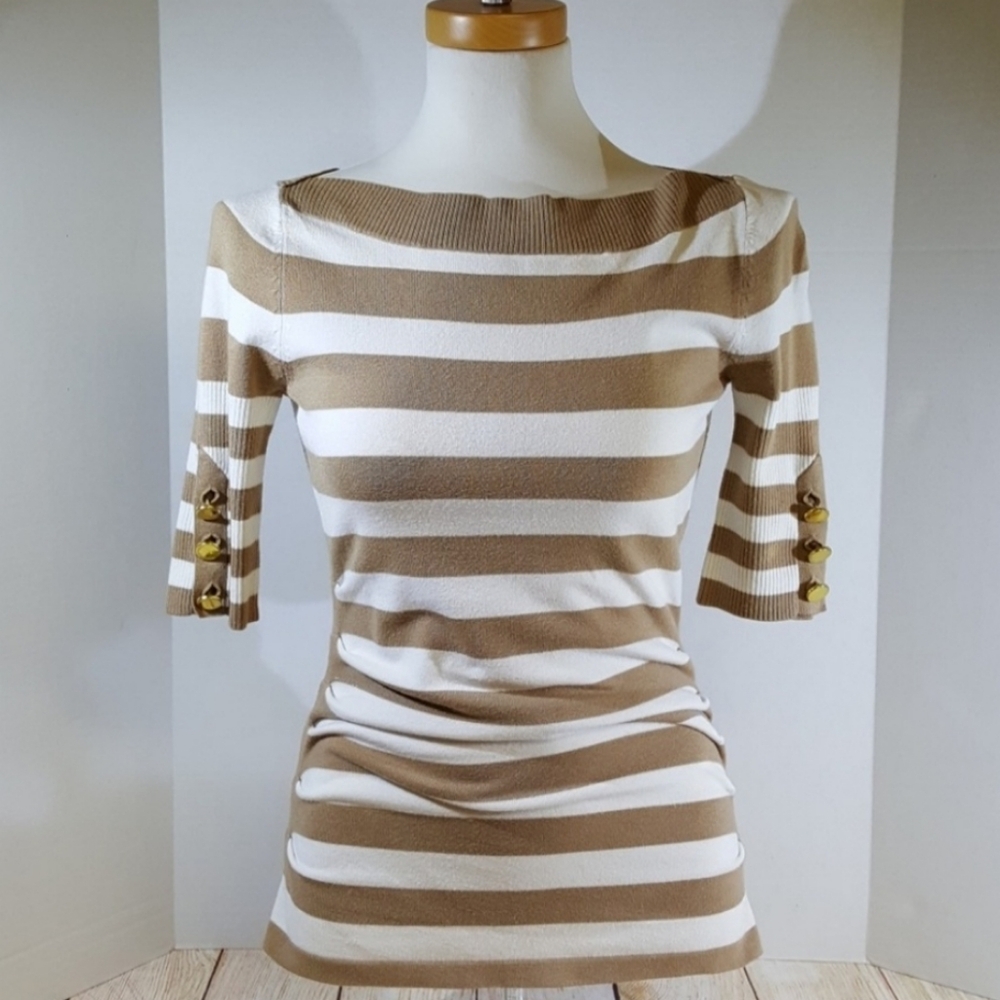 Cache Cream and Tan Striped Scoop Neck Sweater